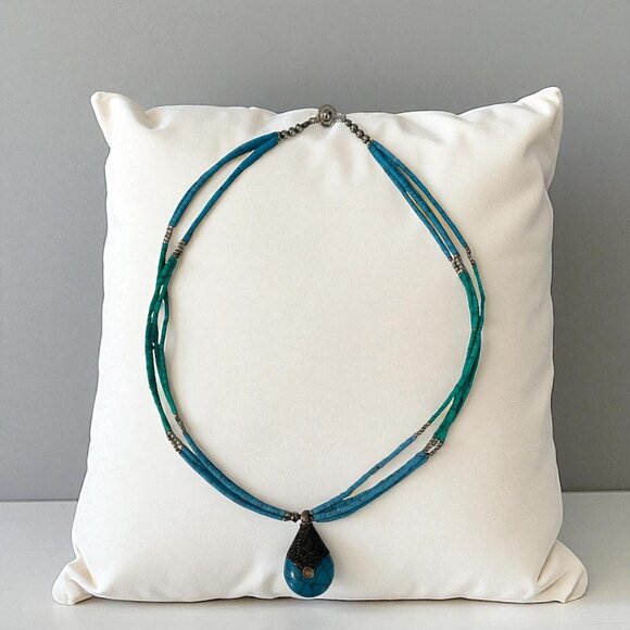 Vintage Teng Yue Turquoise Bead Necklace Sterling Silver Clasp Teardrop Pendant - Picture 1 of 6
